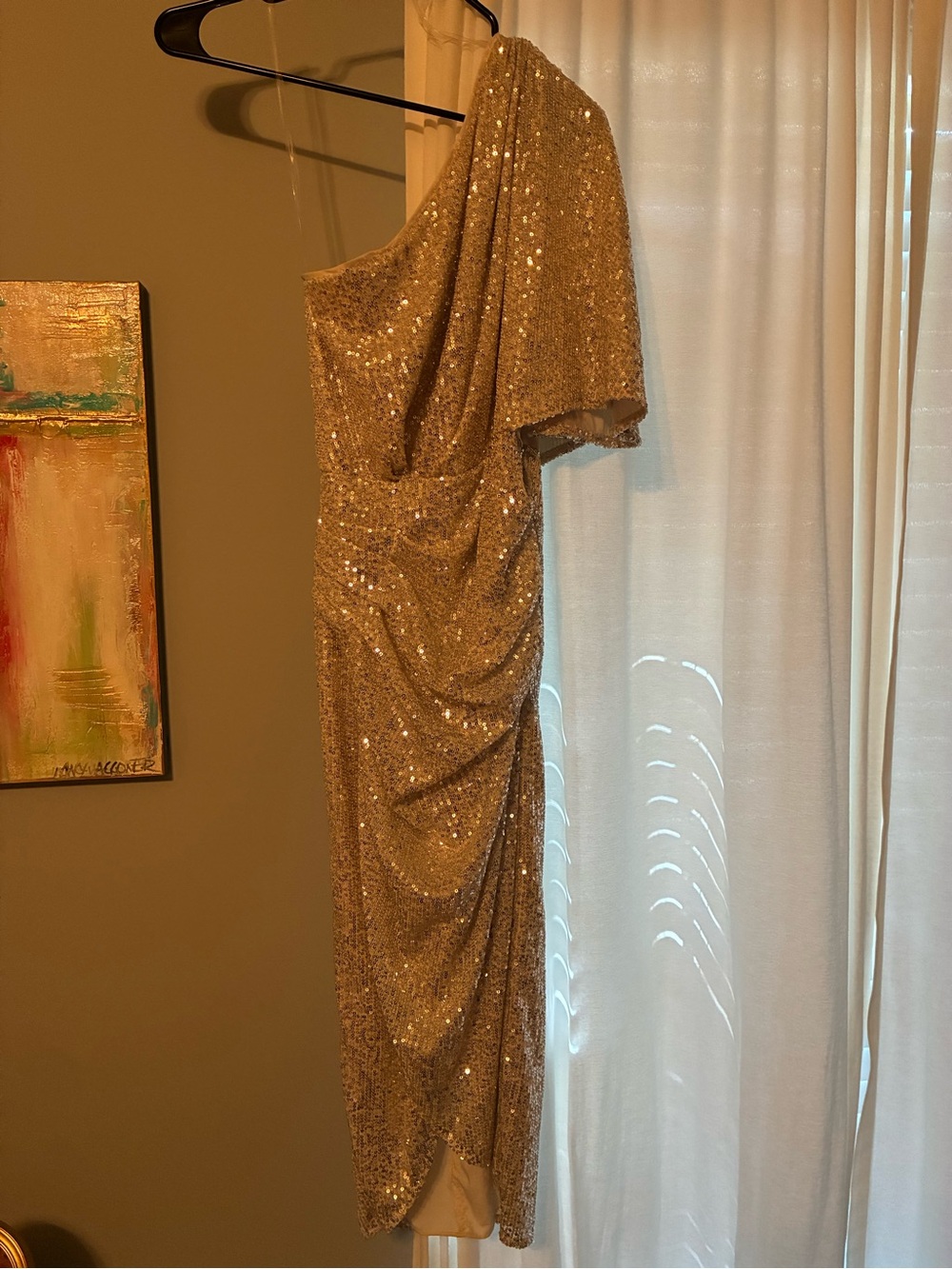 DO+BE One-Shoulder Gold Sequin Draped Midi Dress